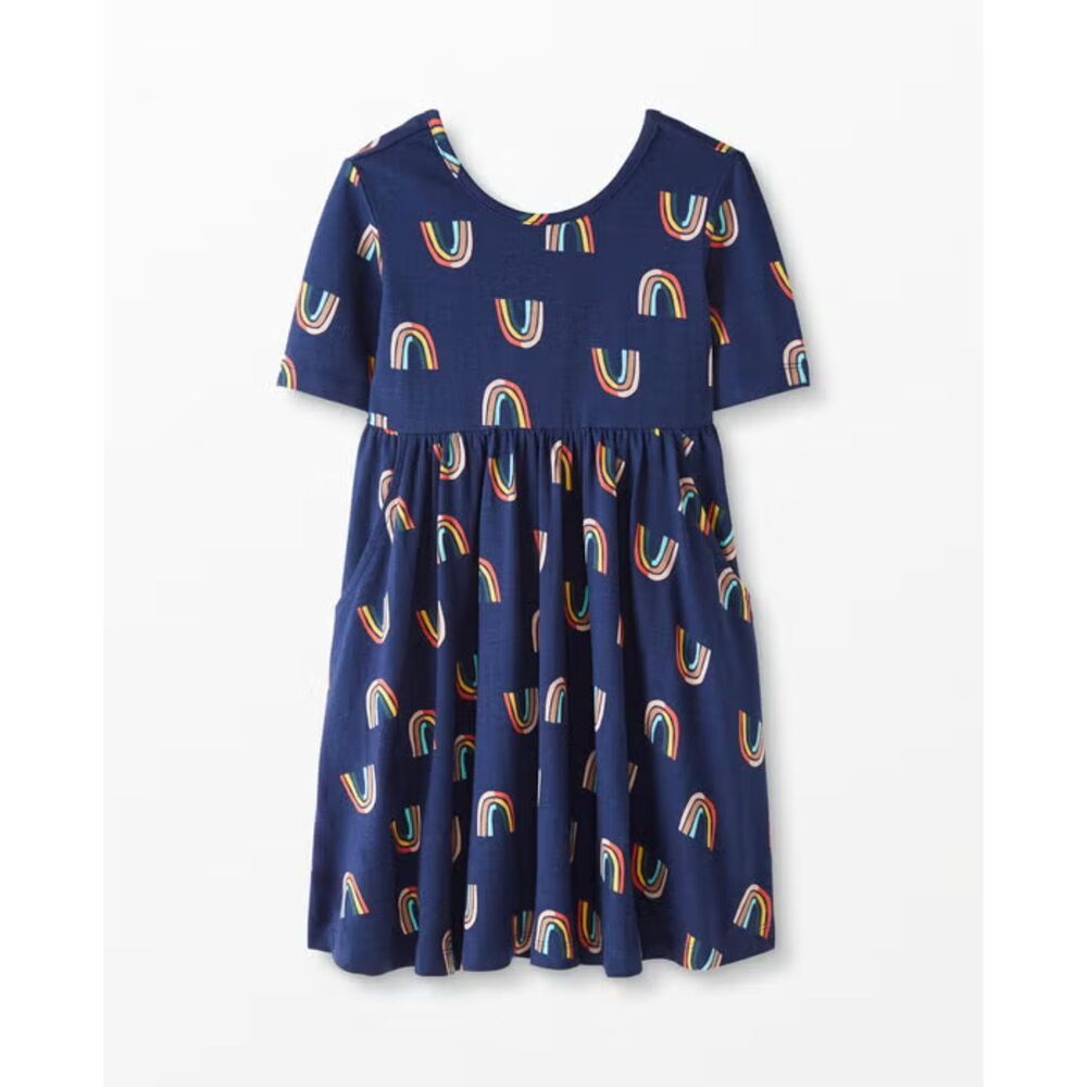 Hanna Andersson US 10 (140) Print Skater Dress with Pockets Retro Rainbows Navy